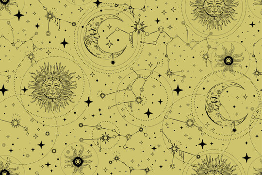Seamless yellow celestial pattern with star constellation and moon vector