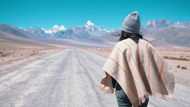 Young traveler in beige traditional poncho & grey beanie stands on road, gazing at vast arid landscape, snow-capped mountains, turquoise sky; slow cinematic zoom out. Serene exploration and solitude