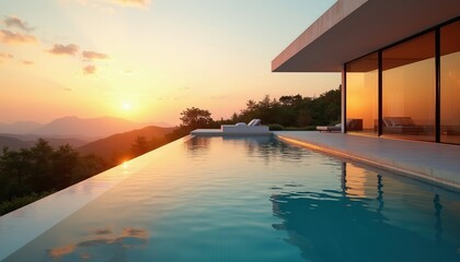 Fototapeta premium Modern house with infinity pool overlooks mountain range at sunset. Sun reflects on water. Sleek architecture, glass windows show interior. Outdoor luxury living space.