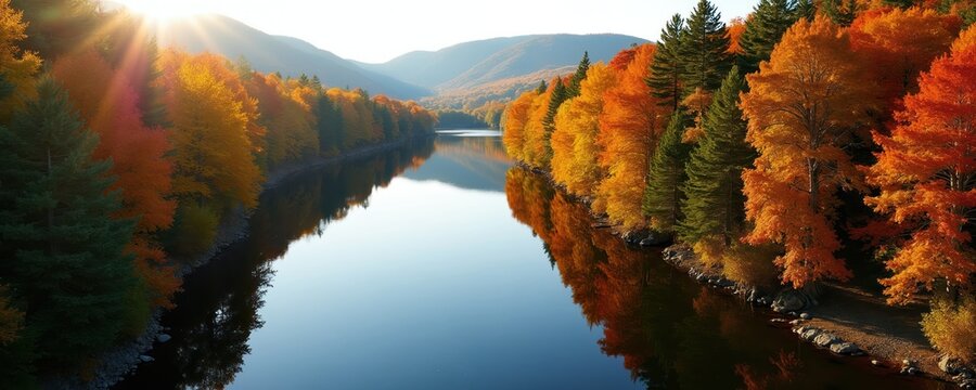 Aerial view of a river winding through mountains during autumn. Vibrant orange, yellow, and red leaves reflect on calm water. Clear sky with sunbeams.