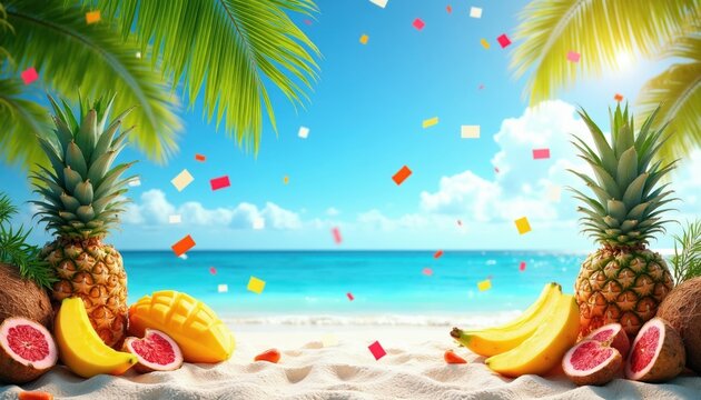 Tropical beach scene with fresh fruits like pineapple mango banana and grapefruit. Palm trees and confetti in the air create a festive summer celebration mood on the ocean shore.