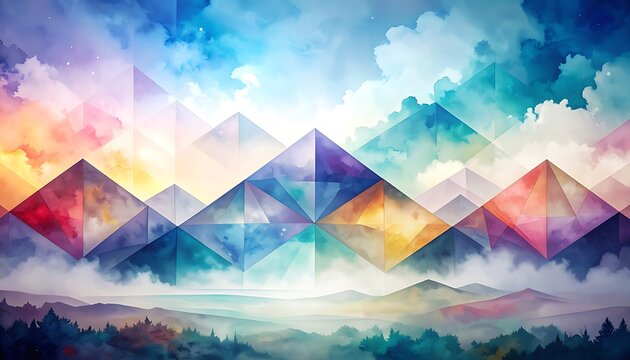 Abstract geometric mountain range with watercolor sky, colorful triangles creating peaks, digital art landscape, vibrant atmosphere