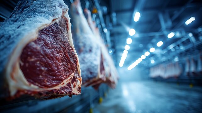 Raw beef carcasses hanging in refrigerated meat processing facility with workers and food safety atmosphere