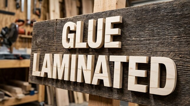 Glue laminated wood sign in carpentry workshop.
