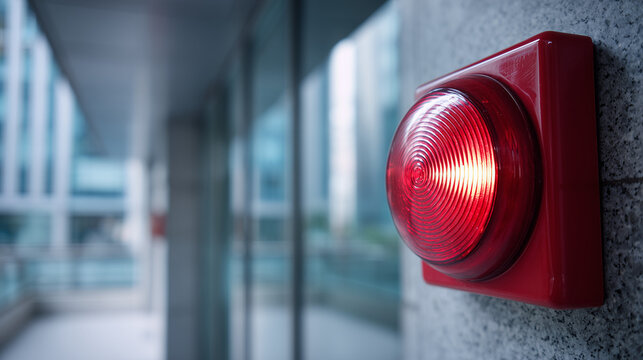 A red emergency light mounted on a gray concrete wall outside a modern building with large windows and a blurred background