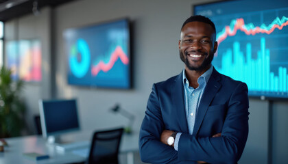 Fototapeta premium Man in suit stands arms crossed in modern office. Screens display financial charts and graphs. Confident smiling pro works with data analysis. Business man in corporate workspace.