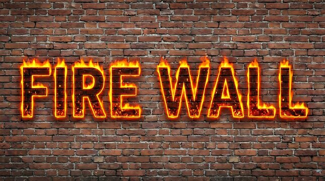Fiery firewall text glowing on aged brick wall.