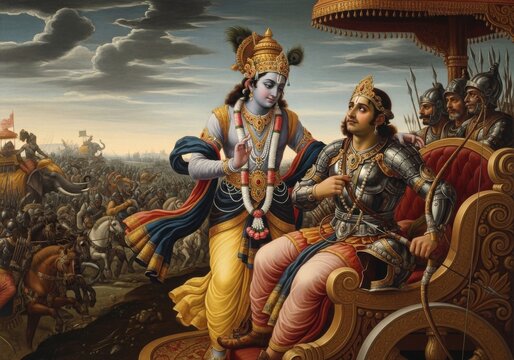 Krishna and Arjuna in conversation on the chariot, symbolizing divine guidance and duty in the Mahabharata.
