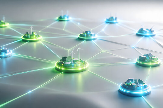 Futuristic microgrid energy network visualized as glowing nodes connected across smooth minimal surface landscape
