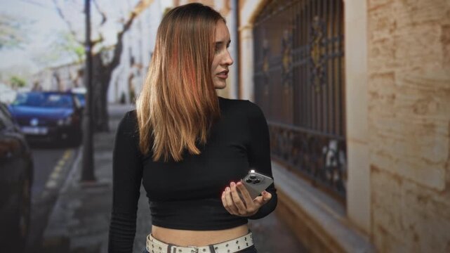 Young redhead woman holding smartphone, checking the screen with a grimace while wearing a black turtleneck and studded belt on street; frustration missed connection.