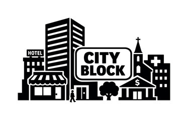 Naklejka premium Diverse urban cityscape with various buildings and a central sign