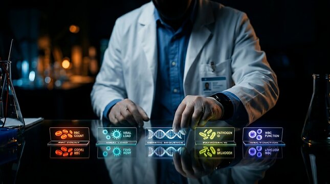 Scientist examining holographic medical data displays of DNA sequencing, viral load, pathogens, and blood cell counts in a modern laboratory.