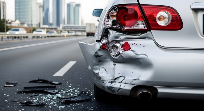 Damaged silver car rear end after a road traffic accident on the highway.