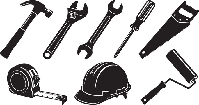 Vector set of construction and repair tools in black silhouette style including hammer, wrenches, screwdriver, saw, tape measure, hard hat, and paint roller representing building and DIY work