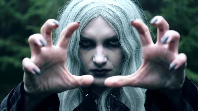 Extreme close-up video: young, pale, silver-haired person with vampiric fangs, smoky eyes, in a velvet gothic trench coat, reaching with skeletal claws. Dark fantasy horror concept