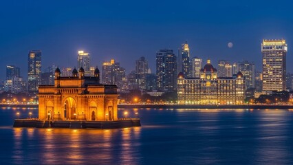 Naklejka premium Night view of Mumbai skyline illuminated with vibrant city lights and urban energy. 