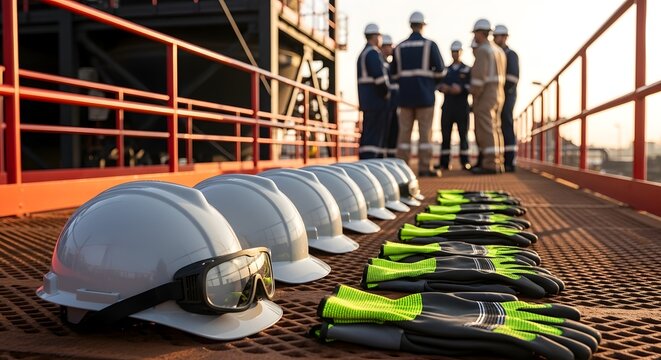 Industrial Safety Equipment with Construction Workers Meeting in Background.