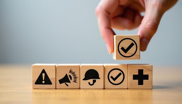 Wooden cubes show work safety icons. A hand places a checked cube, signifying compliance and positive outcome. Concepts include hazard alert, communication, protection, and health.
