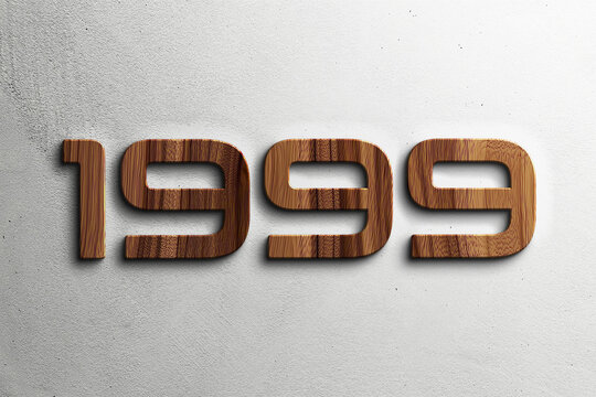 3D Wooden style Text Effect of number 1999 on white background.