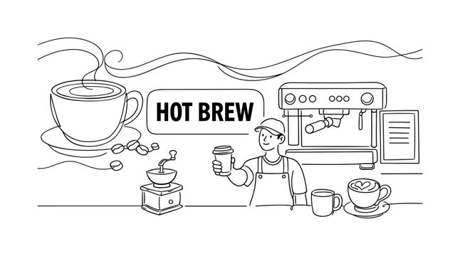 Barista preparing hot coffee drinks with espresso machine and grinder