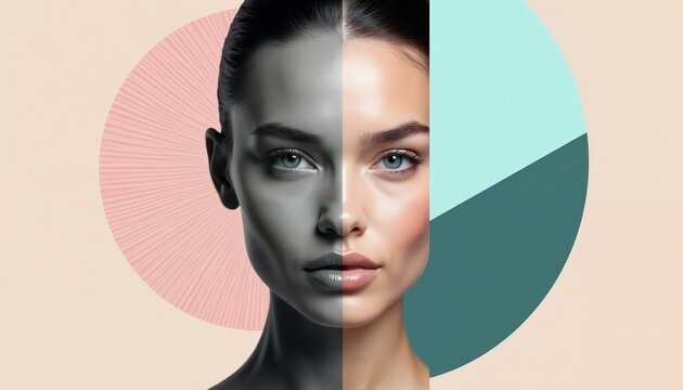 Split face portrait, one side monochrome, other side vibrant color. Graphic shapes pastel background. Elegant woman head for cosmetic ad campaign. Modern minimalist aesthetic.