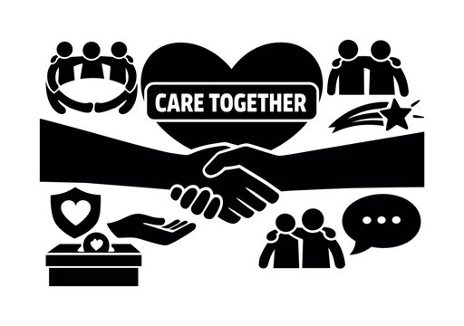 Symbolic icons representing unity, support, and charitable giving for community