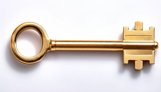 brass key on white background close up view of golden lock key with detailed texture