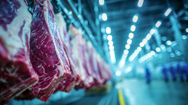 Industrial meat processing plant with hanging beef carcasses, factory workers, and bright fluorescent lights