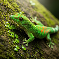 Fototapeta premium Vibrant green gecko with orange stripes on mossy tree bark