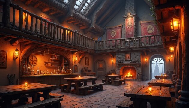 Interior tavern medieval fantasy style. Wooden tables, benches, bar, fireplace with burning fire. Stone floor, rustic interior, dim warm light.