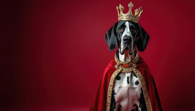 Great Dane wears crown and royal cape. Dog sits proudly on red background. Noble canine looks like king. Animal wears luxury costume for event. Pet pose majestic.