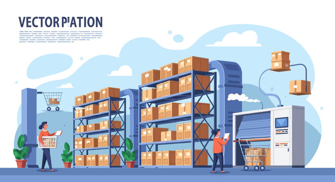 Modern warehouse interior with automated systems, workers, and packaged goods on shelves, showcasing logistics and supply chain operations