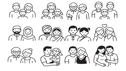 Obraz premium Set of diverse family and couple icons in doodle style