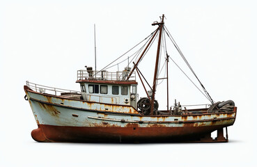 Naklejka premium Old weathered fishing boat isolated on white background. Rust covers hull and metal parts. Nautical vessel needs repair, shows signs of decay. Maritime transportation subject.