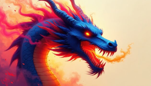 Blue dragon with bright orange glowing eyes and sharp teeth breathes fire and smoke. This mythical creature has vibrant pink and red mane and scales. It looks powerful and menacing.