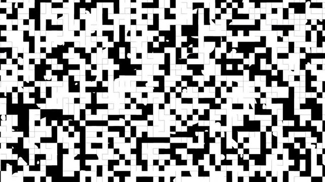 Seamless abstract loop of a complex black and white geometric grid resembling a QR code, digital data matrix, or motherboard circuit pattern.