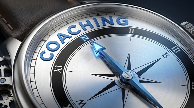 Compass with the word coaching and blue arrow pointing north