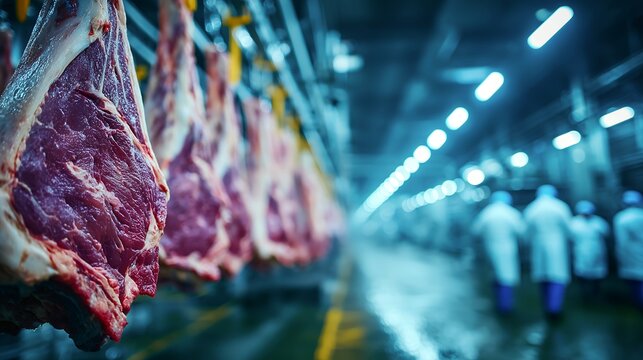 Rows of hanging beef sides in a bright cold processing room with visible blue cold chain control lines