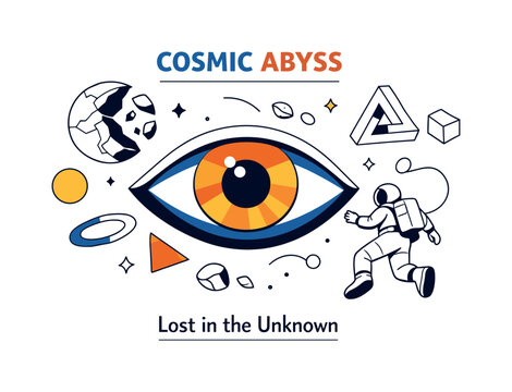 Astronaut exploring a surreal cosmic abyss with a giant eye and impossible shapes