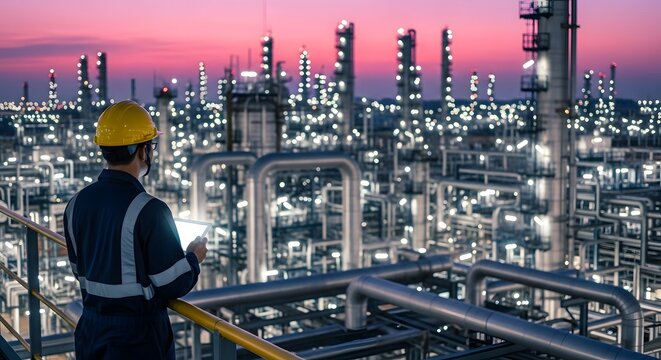 Engineer overseeing oil refinery at sunset.