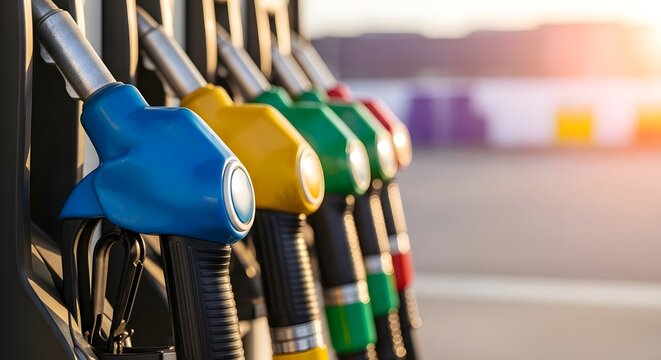 Colorful fuel pump nozzles at a gas station.