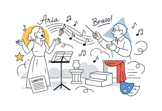 Opera rehearsal with singer and conductor, musical notes and stage elements