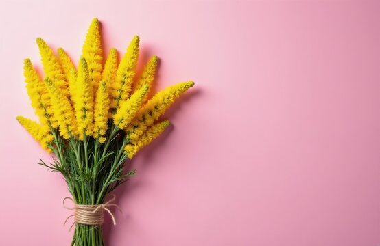 Bright yellow gorse flowers tied with twine on a soft pink background. This simple floral arrangement offers ample copy space for design projects.
