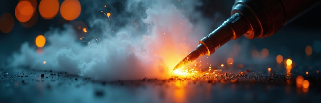Hot soldering iron melts metal with sparks flying. Smoke billows from intense heat, creating a fiery, energetic scene. Close-up view shows precision work.