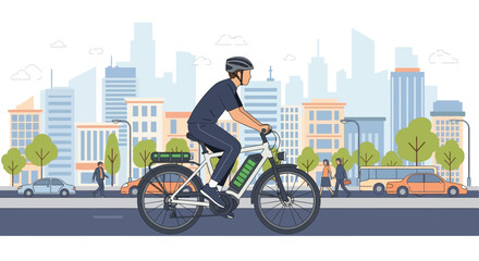Fototapeta premium Electric bicycle rider on city street with skyscrapers in background, urban transportation and eco-friendly travel concept