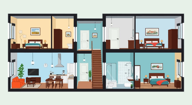 Detailed cross-section illustration of a modern duplex apartment building showcasing interior room layouts and design elements
