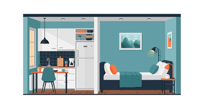 Cozy studio apartment with a compact kitchen and a comfortable sleeping area, perfect for single living or student accommodation