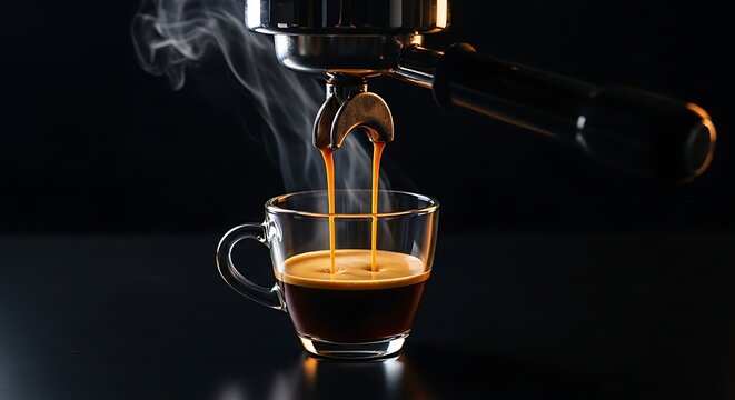 Close-up of freshly brewed espresso pouring into a clear glass cup from a professional coffee machine, with steam rising, creating a rich crema.
