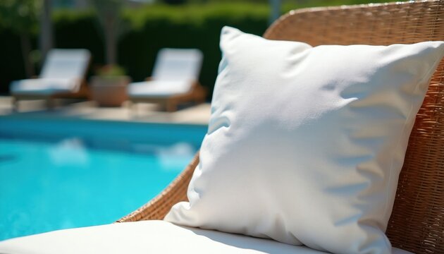 White pillow rests on wicker patio chair beside bright blue swimming pool. Lounge chairs and plants in background. Sunny day perfect for outdoor relaxation and poolside comfort.