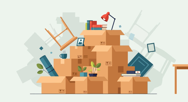 Moving House and Office Concept with Cardboard Boxes, Furniture, and Plants